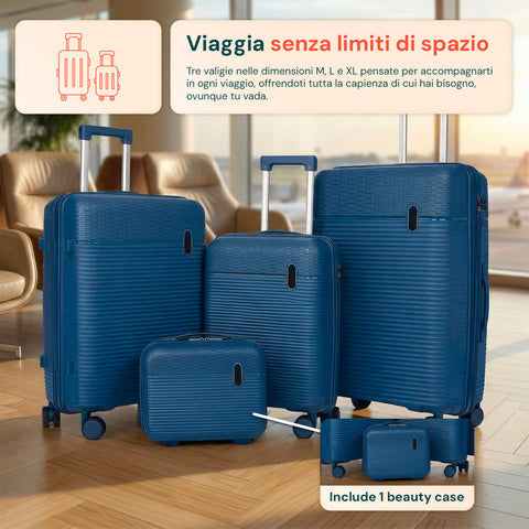 Set 3 Trolley Rigidi da Viaggio + Beauty Case con 4 Ruote Multidirezionali (56-66-76 cm)
