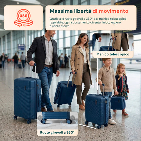 Set 3 Trolley Rigidi da Viaggio + Beauty Case con 4 Ruote Multidirezionali (56-66-76 cm)