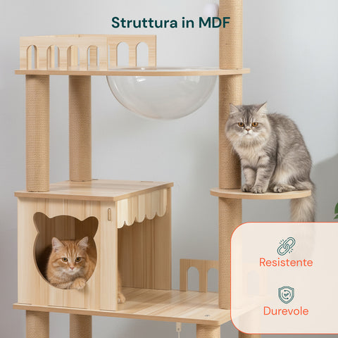 Albero Tiragraffi per Gatti Multilivello con Cuccia e Amaca H135cm