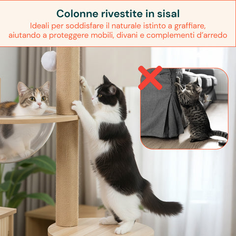 Albero Tiragraffi per Gatti Multilivello con Cuccia e Amaca H135cm