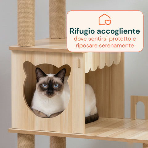 Albero Tiragraffi per Gatti Multilivello con Cuccia e Amaca H135cm