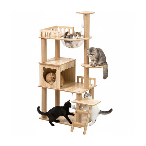 Arbre à chat multi-niveaux avec niche et hamac H135cm