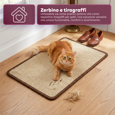 Tappeto Tiragraffi per Gatti 50x30cm in Sisal Naturale e Cotone PP – Fondo Antiscivolo in Lattice con Adesivi
