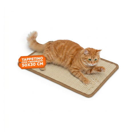 Tappeto Tiragraffi per Gatti 50x30cm in Sisal Naturale e Cotone PP – Fondo Antiscivolo in Lattice con Adesivi