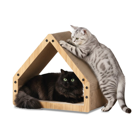 Arbre à chat en forme de maison avec structure en bois