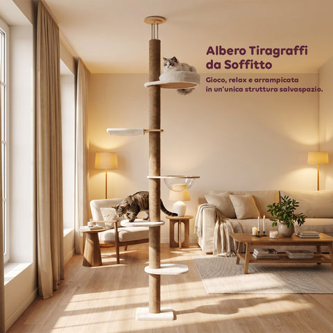 Albero Tiragraffi a Soffitto Regolabile 260-300 cm in Legno e Juta con Amaca a Cupola, Cuccia e Piattaforme