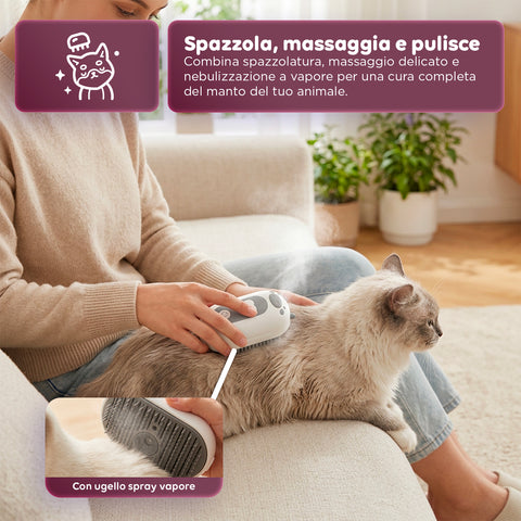 Spazzola a Vapore per Cani e Gatti Ricaricabile USB-C con Ugello Spray e Scomparto Acqua Misure 6x5x11cm