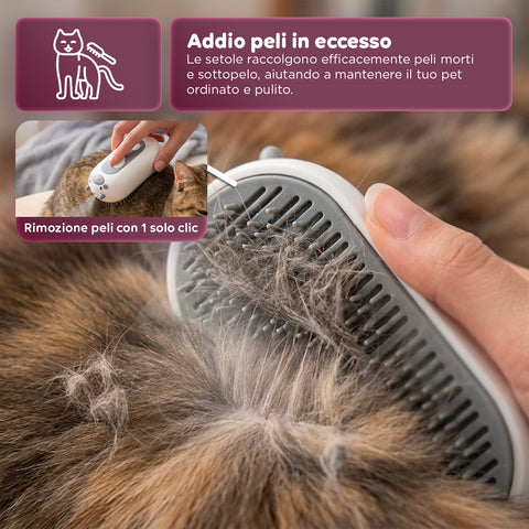 Spazzola a Vapore per Cani e Gatti Ricaricabile USB-C con Ugello Spray e Scomparto Acqua Misure 6x5x11cm
