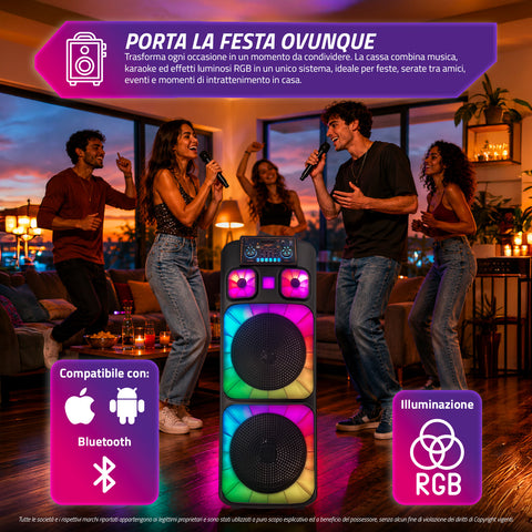 Cassa Bluetooth Karaoke XL 90 cm 800W con LED RGB e 2 Microfoni Wireless Inclusi