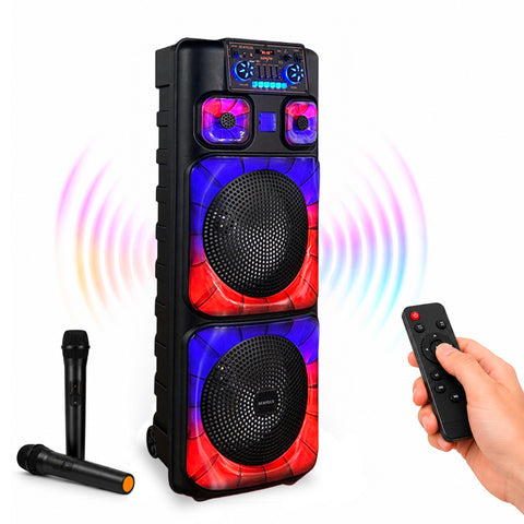 Enceinte Bluetooth Karaoké XL 90 cm 800W avec LED RGB et 2 Microphones sans Fil Inclus
