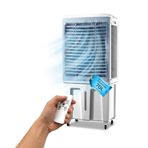 Raffrescatore Evaporativo Industriale Portatile 70 Litri 350W con Telecomando e Timer - Funzione Condizionatore Ventilatore 3 Velocità e Oscillazione