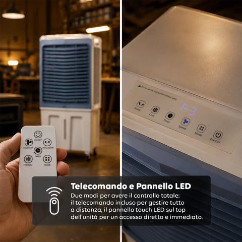 Raffrescatore Evaporativo Industriale Portatile 70 Litri 350W con Telecomando e Timer - Funzione Condizionatore Ventilatore 3 Velocità e Oscillazione
