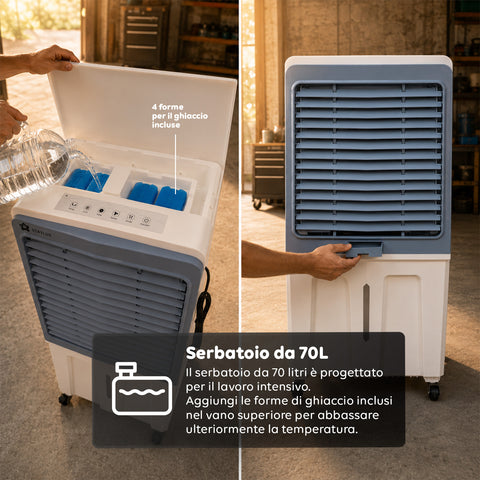 Raffrescatore Evaporativo Industriale Portatile 70 Litri 350W con Telecomando e Timer - Funzione Condizionatore Ventilatore 3 Velocità e Oscillazione