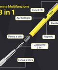 Penna Multifunzione 8 in 1 con Clip, Stilo Touch, Livella e Luce LED