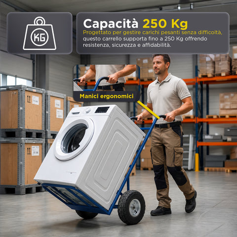 Carrello da Carico Professionale 250 kg in Acciaio - Nero con Ruote Pneumatiche Antiforo