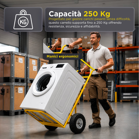 Carrello da Carico Professionale 250 kg in Acciaio - Nero con Ruote Pneumatiche Antiforo