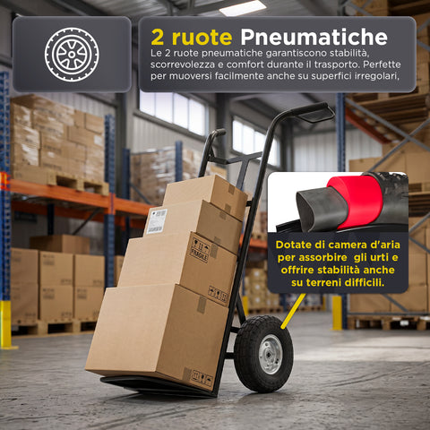 Carrello da Carico Professionale 250 kg in Acciaio - Nero con Ruote Pneumatiche Antiforo