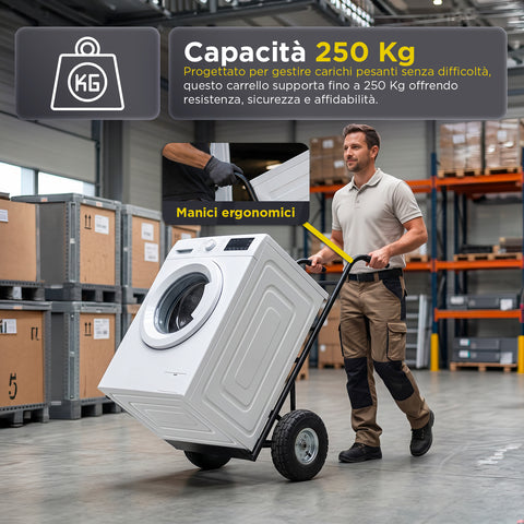 Carrello da Carico Professionale 250 kg in Acciaio - Nero con Ruote Pneumatiche Antiforo