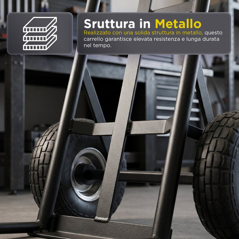 Carrello da Carico Professionale 250 kg in Acciaio - Nero con Ruote Pneumatiche Antiforo