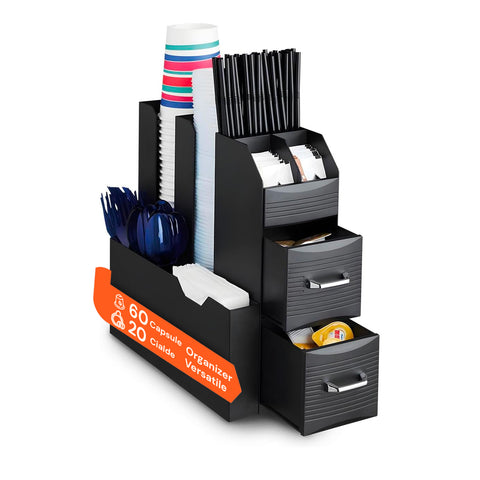 Organizer porta capsule e cialde nero con 9 scomparti e 2 cassetti