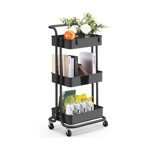 Carrello salvaspazio nero 3 ripiani con ruote 42x37x77cm multifunzione cucina bagno ufficio