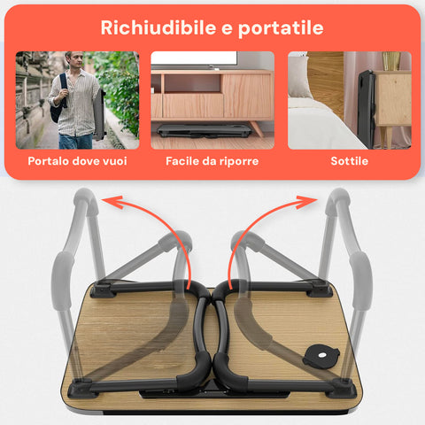 Tavolino Pieghevole Salvaspazio in Legno con Porta Bicchiere
