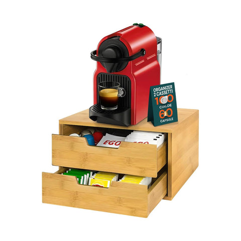 Porta Capsule/Cialde Caffè in Bambù con 2 Cassetti Multiuso Salvaspazio