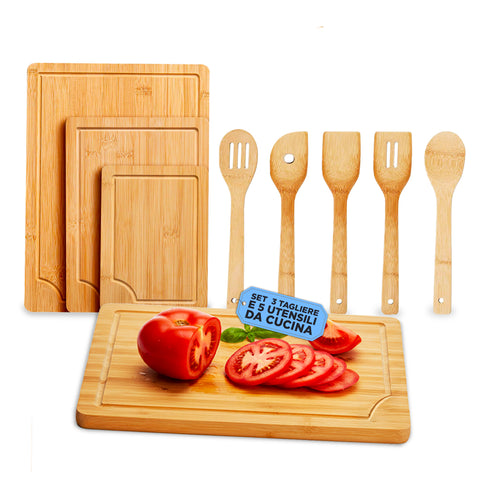 Set Planches à Découper en Bambou – 3 Planches + 5 Ustensiles de Cuisine Inclus
