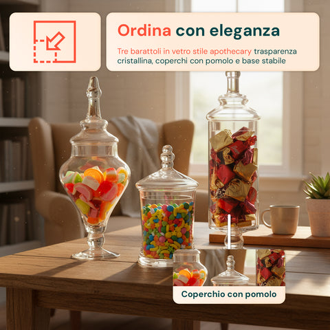 Barattoli di Vetro Varie Forme Multiuso con Coperchi – Set da 3