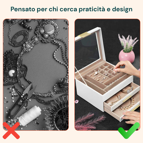 Organizer Portagioielli a 3 Livelli con Coperchio in Vetro e 2 Cassetti