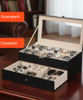 Organizer Porta Orologi e Gioielli in Pelle Nera con Coperchio in Vetro