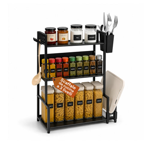 Étagère de cuisine à 3 niveaux en fer avec porte-ustensiles et support à planche à découper
