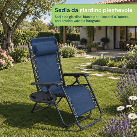 Sedia da Giardino Pieghevole con Vassoio Laterale – Portata 120kg – Struttura in Ferro e Tessuto Teslin