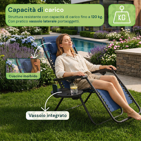 Sedia da Giardino Pieghevole con Vassoio Laterale – Portata 120kg – Struttura in Ferro e Tessuto Teslin
