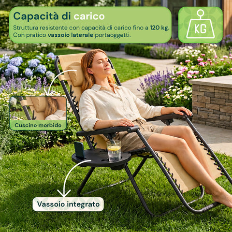Sedia da Giardino Pieghevole con Vassoio Laterale – Portata 120kg – Struttura in Ferro e Tessuto Teslin