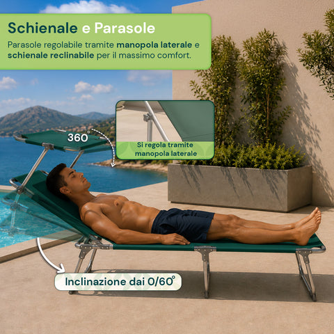 Lettino Prendisole Pieghevole in Tessuto Oxford – Rinforzi in Alluminio, Parasole Girevole 360° e Schienale Reclinabile 0-60° – Portata 100kg