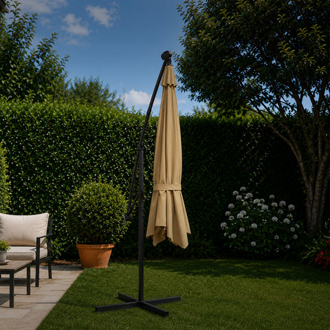 Ombrellone Rotondo Ø3m Decentrato Braccio Laterale in Acciaio, Manovella, Poliestere 180gr Impermeabile UV per Giardino e Terrazzo