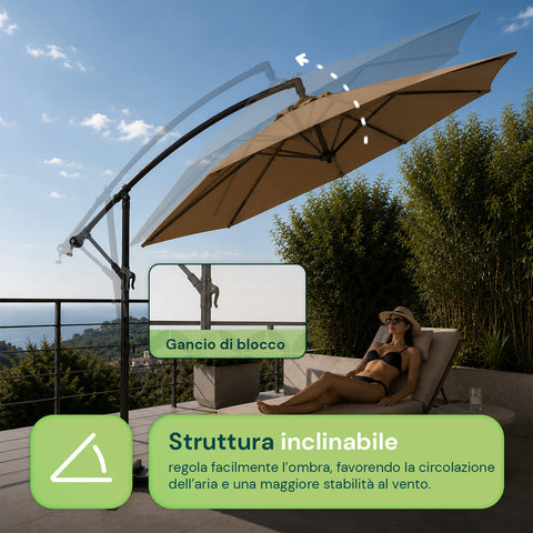 Ombrellone Rotondo Ø3m Decentrato Braccio Laterale in Acciaio, Manovella, Poliestere 180gr Impermeabile UV per Giardino e Terrazzo