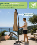 Ombrellone Rotondo Ø3m Decentrato Braccio Laterale in Acciaio, Manovella, Poliestere 180gr Impermeabile UV per Giardino e Terrazzo