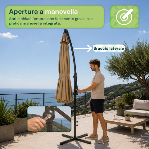 Ombrellone Rotondo Ø3m Decentrato Braccio Laterale in Acciaio, Manovella, Poliestere 180gr Impermeabile UV per Giardino e Terrazzo