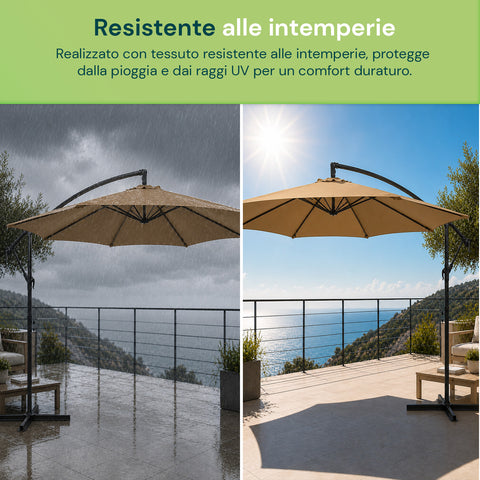 Ombrellone Rotondo Ø3m Decentrato Braccio Laterale in Acciaio, Manovella, Poliestere 180gr Impermeabile UV per Giardino e Terrazzo