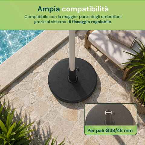 Base Ombrellone in Cemento 12kg ø42cm Compatibile con Pali 38-48mm, Manovella di Bloccaggio Inclusa – Piedistallo Pesante per Giardino e Terrazzo