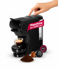 Macchina Caffè Espresso 4 in 1 – Capsule Nespresso, Dolce Gusto, Modo Mio e Macinato 19 Bar, 1450W, Serbatoio 0,6L, Spegnimento Automatico