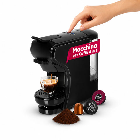 Machine à café expresso 4 en 1 – Capsules Nespresso, Dolce Gusto, Modo Mio et café moulu 19 bars, 1450W, réservoir 0,6L, arrêt automatique