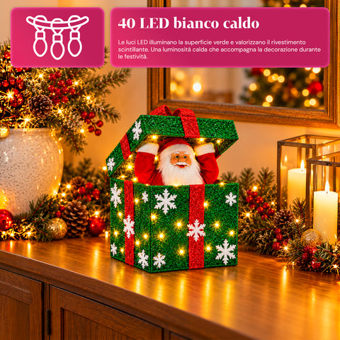 Coffret cadeau lumineux avec Père Noël musical et animé H30 cm