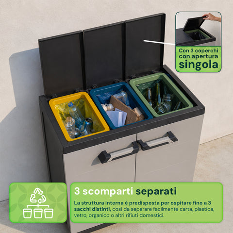 Mobile portapattumiera in plastica a 3 scomparti