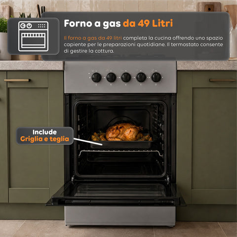 Cuisinière à gaz 50x50 cm avec four à gaz de 49 litres, 4 brûleurs de puissances différentes, valves de sécurité et couvercle