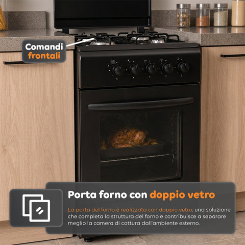 Cuisinière à gaz 50x50 cm avec four à gaz de 49 litres, 4 brûleurs de puissances différentes, valves de sécurité et couvercle