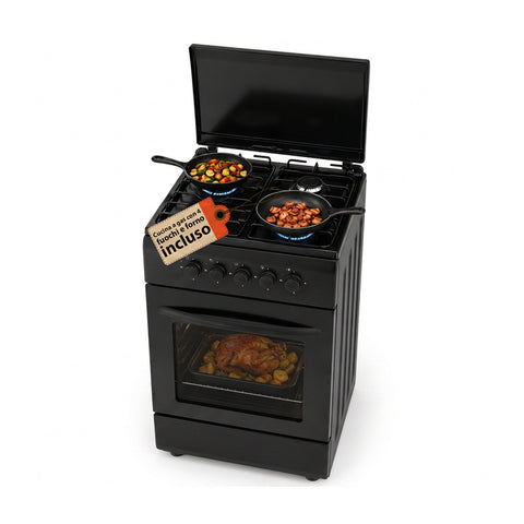 Cuisinière à gaz 50x50 cm avec four à gaz de 49 litres, 4 brûleurs de puissances différentes, valves de sécurité et couvercle