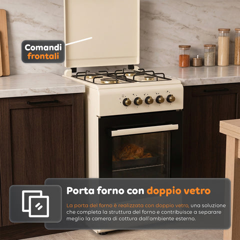 Cuisinière à gaz 50x50 cm avec four à gaz de 49 litres, 4 brûleurs de puissances différentes, valves de sécurité et couvercle